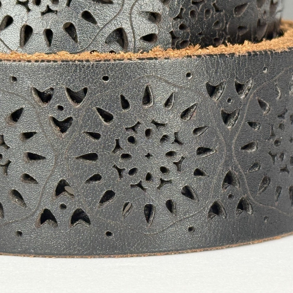 Lucky Brand Black Leather Laser Cut Floral Cutout Belt Boho Western Women's Sz L - Picture 5 of 9